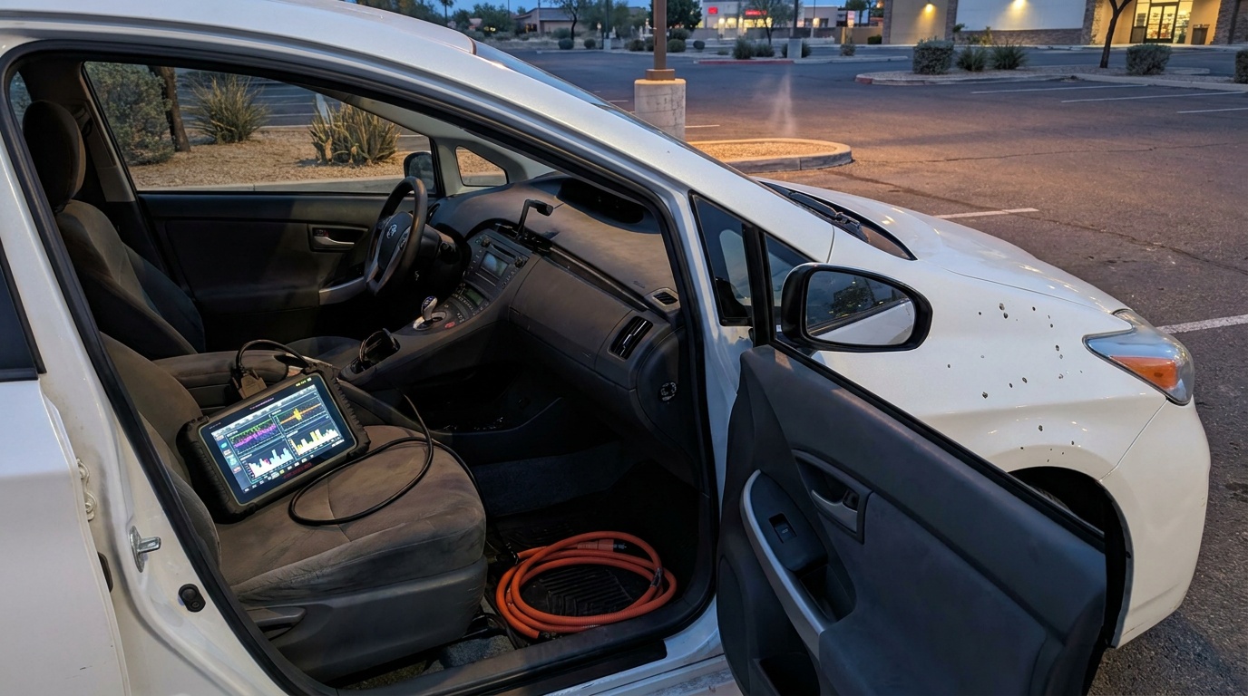 A diagnostic scan tool connected to a hybrid car showing live battery data