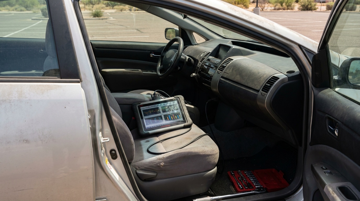 A diagnostic scan tool connected to a hybrid car showing live battery data