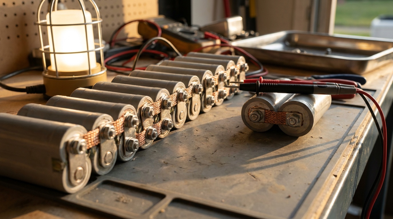 Individual hybrid battery modules laid out on a bench with a multimeter probe alongside
