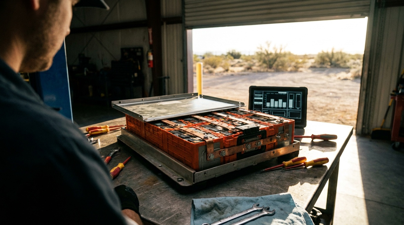 A hybrid battery pack opened on a workshop bench with its modules and busbars visible