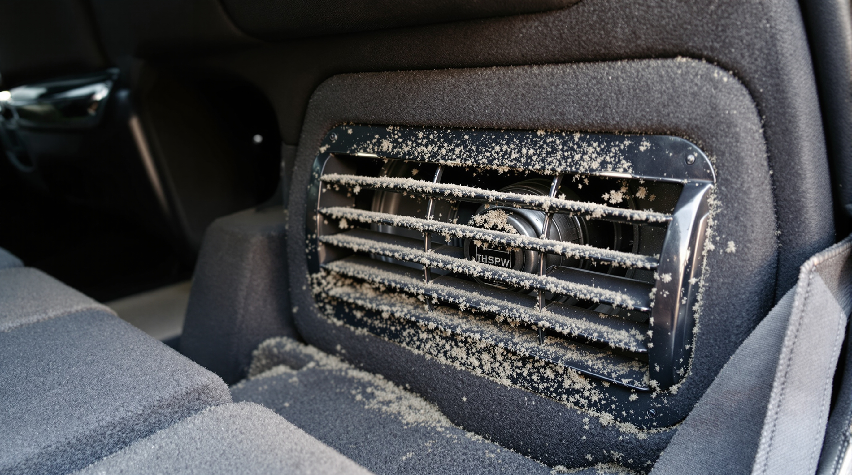 A hybrid battery cooling fan intake with its trim removed, showing dust in the vanes
