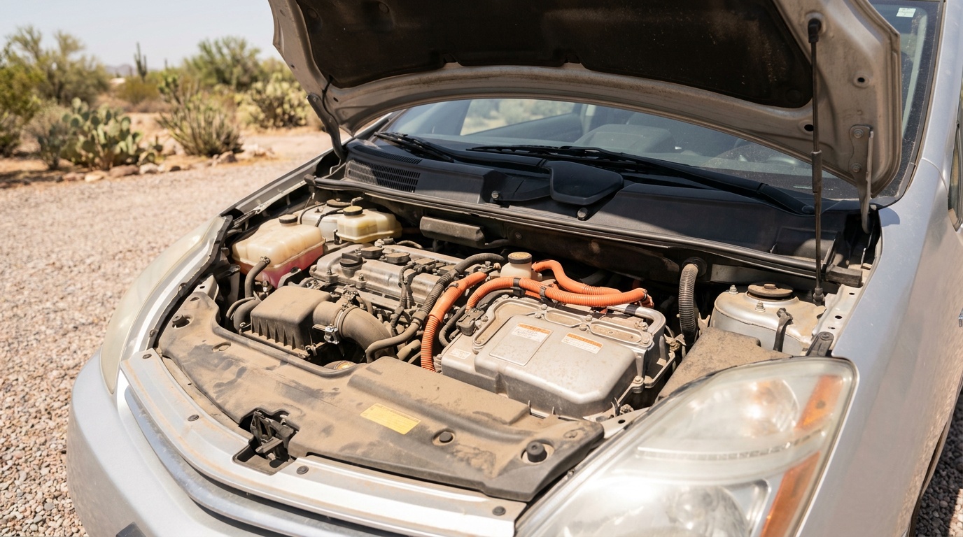 A hybrid car engine bay showing orange high-voltage cabling across the inverter