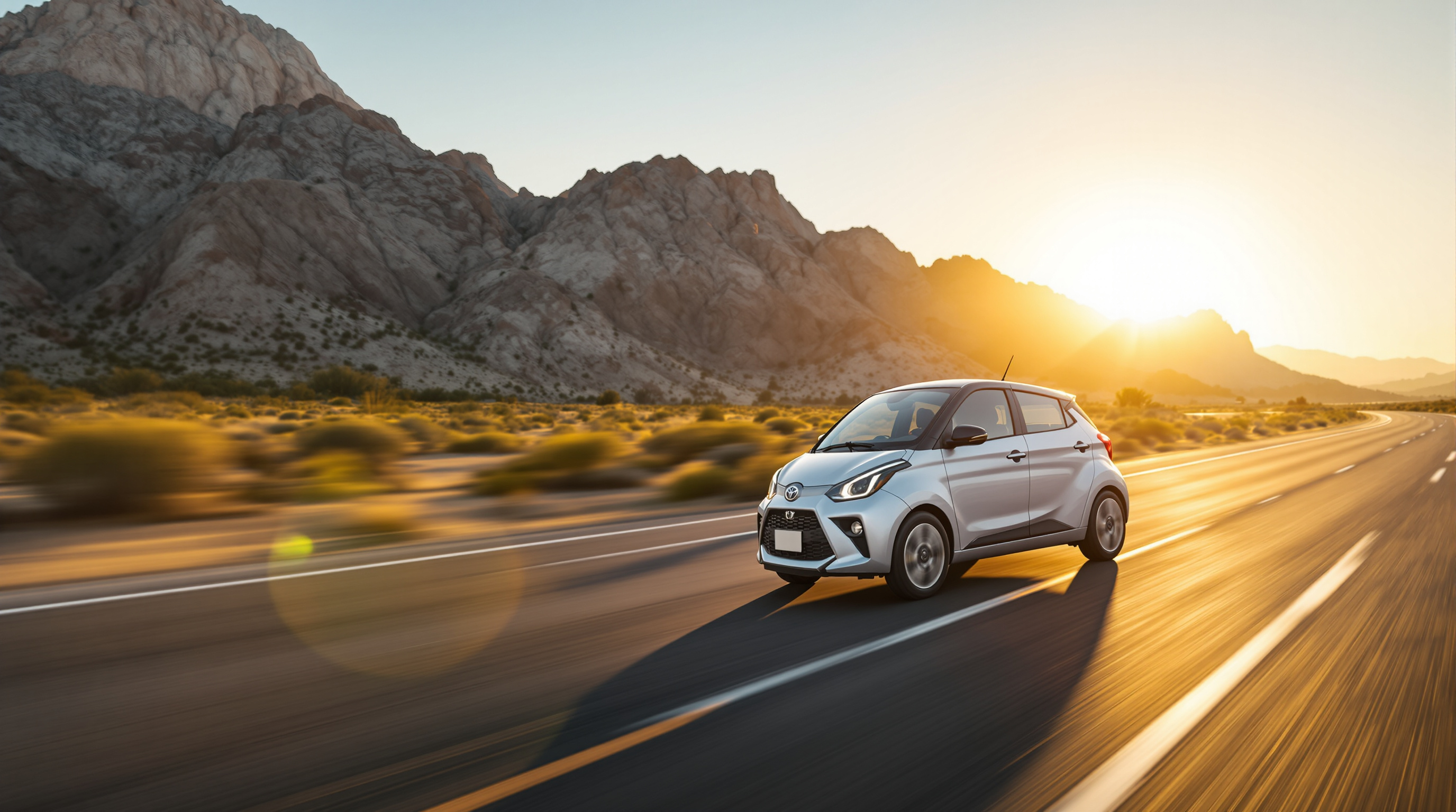 A hybrid car driving on an open Arizona desert highway at golden hour